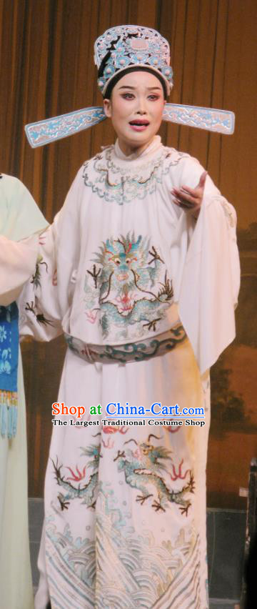 Chinese Yue Opera Xiao Sheng Costumes The Wrong Red Silk Shaoxing Opera Young Man Role Apparels Scholar Zhang Qiuren Garment Embroidered Robe and Hat