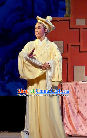 Chinese Yue Opera Genius Scholar Costumes Flirting Scholar Tang Bohu Garment Shaoxing Opera Xiaosheng Yellow Robe Apparels and Headwear