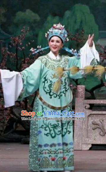 Chinese Yue Opera Young Male Meng Lijun Costumes Garment Shaoxing Opera Xiaosheng Scholar Green Python Embroidered Robe Apparels and Headpiece