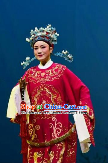 Chinese Yue Opera Number One Scholar Costumes Garment Shaoxing Opera Meng Lijun Apparels Young Male Red Python Embroidered Robe and Headwear