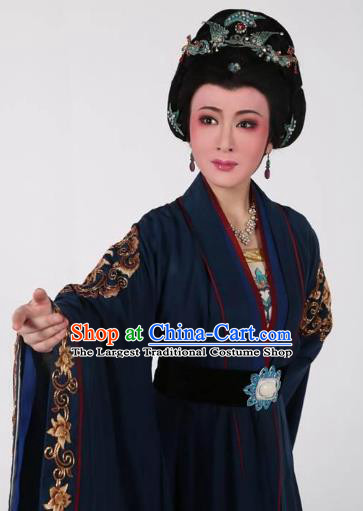 Chinese Shaoxing Opera Elderly Dame Navy Dress Hua Tan Garment Yue Opera Lu You And Tang Wan Costumes Countess Lu Apparels and Headpieces