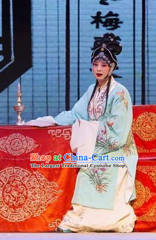 Chinese Shaoxing Opera Hua Tan Garment and Headpieces Yue Opera Tell On Sargam Zhang Zhenzhu Blue Dress Distress Maiden Costumes Apparels