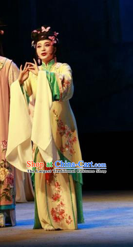 Chinese Shaoxing Opera Huadan Yellow Dress and Hair Accessories Yue Opera Shuang Jiao Jie Qin Hua Tan Costumes Garment