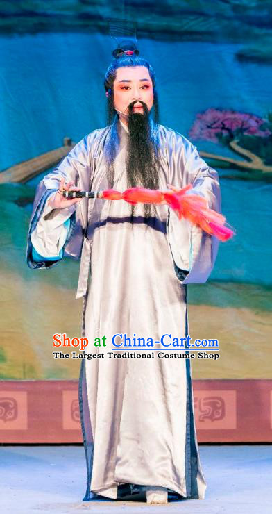 Chinese Yue Opera Elderly Man Apparels Costumes and Headpiece Hu Die Meng Butterfly Dream Shaoxing Opera Laosheng Garment Zhuang Zhou Grey Robe