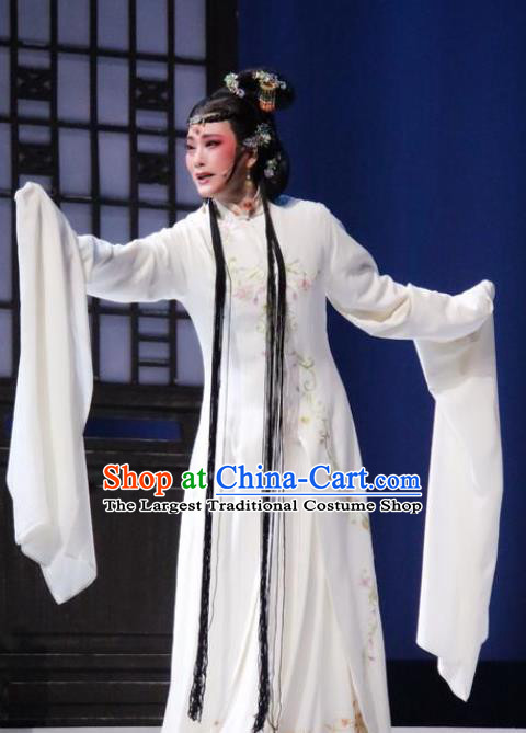 Chinese Shaoxing Opera Tsing Yi White Dress Young Female Hui Niang Costumes and Hair Accessories Xiang Luo Ji Yue Opera Actress Garment Apparels