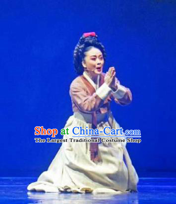 Chinese Shaoxing Opera Elderly Female Garment Apparels and Headdress Chunh Yang Yue Opera Garment Geisha Yue Mei Dress Costumes