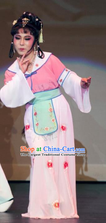 Chinese Shaoxing Opera Xiaodan Garment Apparels From Love to Patriotism Deliver the Messenger Costumes and Hair Accessories Yue Opera Actress Court Maid Ji Di Pink Dress