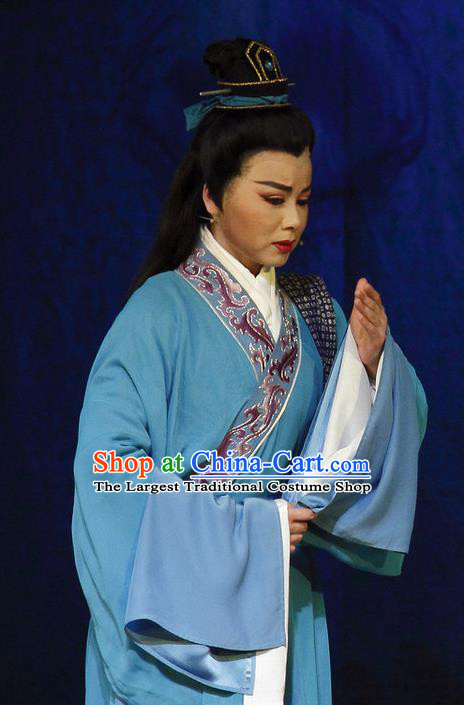 Chinese Yue Opera Scholar Blue Robe Apparels and Headwear The Princess Messenger Farewell at Lakeside Shaoxing Opera Young Male Liu Yi Garment Costumes