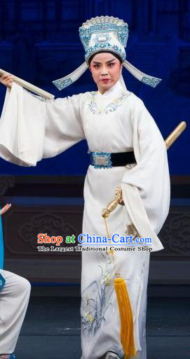 Li Mei Yue Chinese Yue Opera Young Man Scholar White Robe Apparels Costumes and Headwear Shaoxing Opera Xiaosheng Hong Xueqin Garment