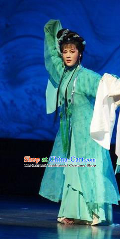 Chinese Shaoxing Opera Young Female Wang Lanying Green Dress Costumes and Headpieces He Wenxiu Yue Opera Hua Tan Garment Apparels