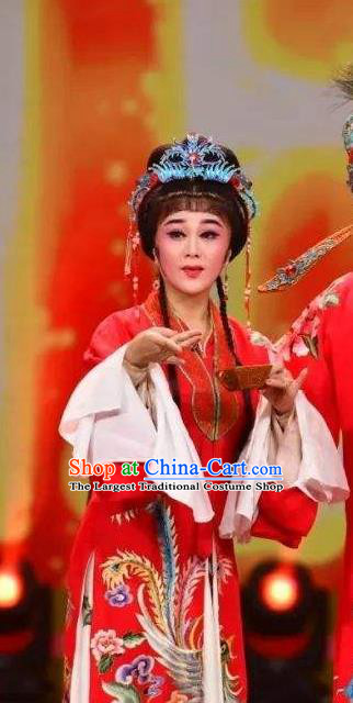 Chinese Shaoxing Opera Young Female Tang Meifen Red Dress Apparels Garment and Headdress The Number One Scholar Is Not Love Yue Opera Hua Tan Wedding Costumes