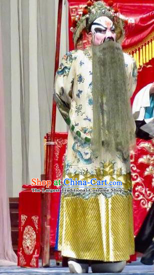 San Kan Yu Mei Chinese Ping Opera Elderly Male White Costumes and Headwear Pingju Opera Laosheng Emperor Apparels Clothing