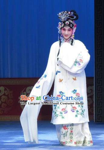 Chinese Ping Opera Diva Apparels Costumes and Headpieces Traditional Pingju Opera Lv Bu And Diao Chan Hua Tan Young Beauty White Dress Garment