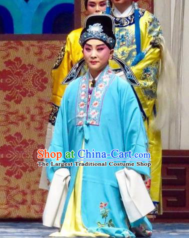 San Kan Yu Mei Chinese Ping Opera Niche Blue Costumes and Headwear Pingju Opera Young Male Apparels Scholar Feng Jiajin Clothing