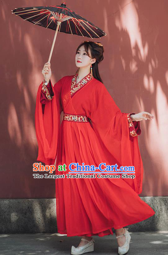 Chinese Ancient Bride Red Hanfu Dress Garment Traditional Jin Dynasty Royal Princess Wedding Historical Costumes Complete Set