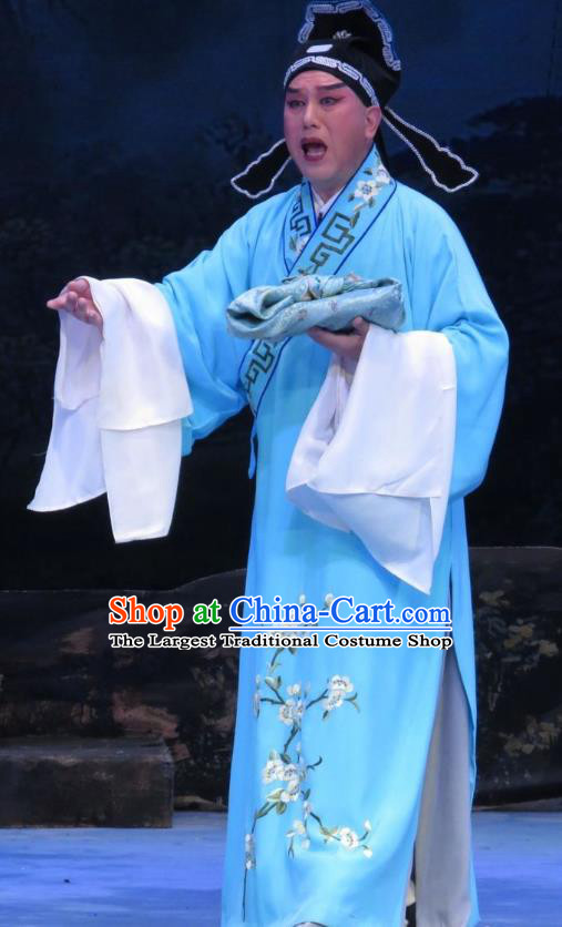 Pear Blossom Love Chinese Ping Opera Xiaosheng Costumes and Hat Pingju Opera Merchant Qian Youliang Apparels Young Male Blue Clothing