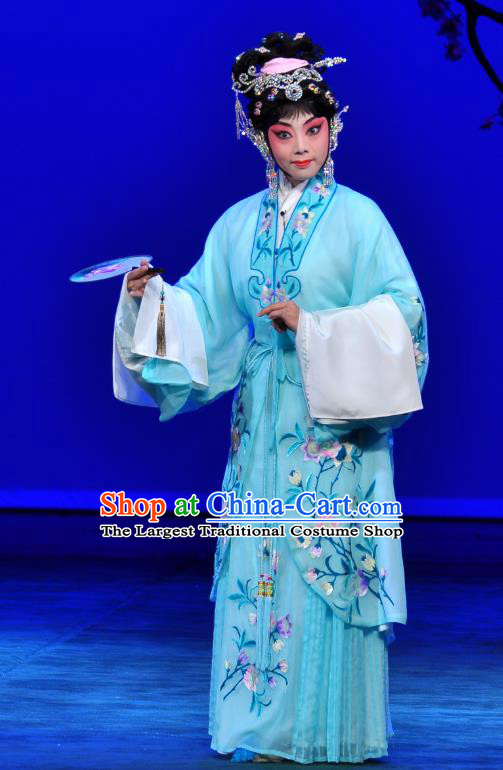 Chinese Beijing Opera Young Female Apparels Diva Costumes and Headdress Xie Yaohuan Traditional Peking Opera Hua Tan Blue Dress Garment