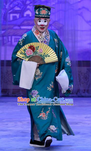 Han Yuniang Chinese Peking Opera Dude Garment Costumes and Headwear Beijing Opera Bully Apparels Clown Hu Wei Green Robe Clothing