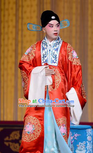 Qi Shuang Hui Chinese Peking Opera Young Male Wedding Garment Costumes and Headwear Beijing Opera Xiaosheng Apparels Bridegroom Zhao Chong Clothing