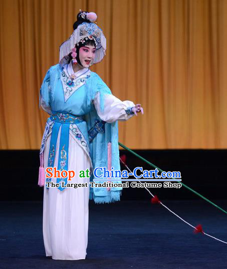 Chinese Beijing Opera Fisher Maiden Apparels Lian Jinfeng Costumes and Headdress Traditional Peking Opera Actress Dress Young Female Blue Garment