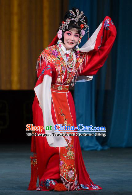 Chinese Beijing Opera Young Beauty Apparels Hongniang Costumes and Headpieces Traditional Peking Opera Xiaodan Red Dress Maidservant Garment