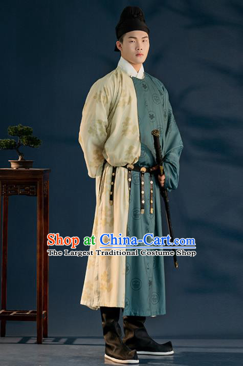 Chinese Ancient Swordsman Hanfu Clothing Traditional Garment Tang Dynasty Young Male Apparels Historical Costumes Round Collar Robe