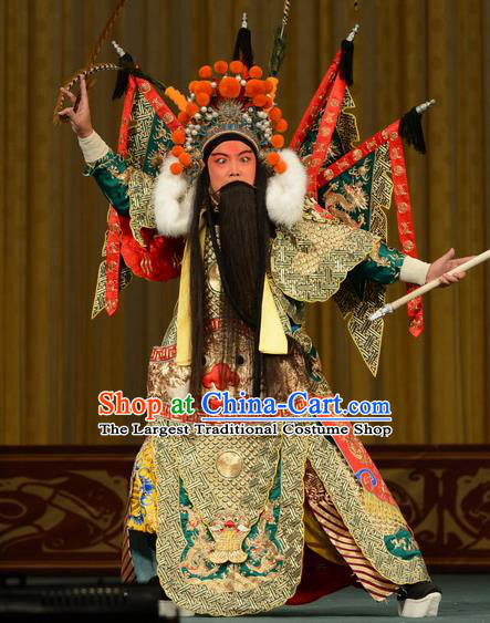 Zhan Jing Tang Chinese Peking Opera General Armor Garment Costumes and Headwear Beijing Opera Martial Male Wu Han Kao Apparels Clothing with Flags