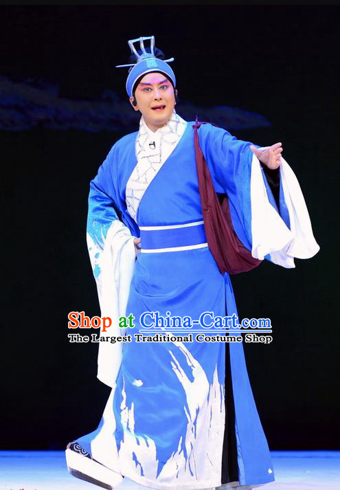 Su Qin Chinese Peking Opera Scholar Garment Costumes and Headwear Beijing Opera Political Strategists Apparels Young Man Blue Clothing