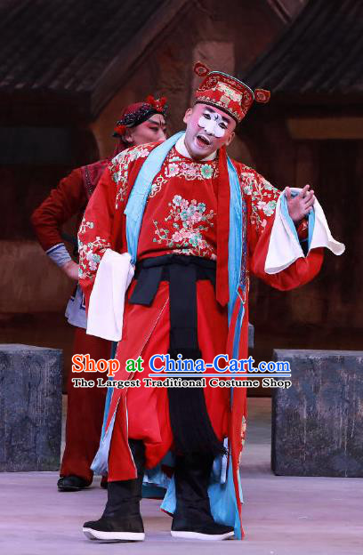 Seven Heros Five Gallants Chinese Peking Opera Chou Role Red Garment Costumes and Headwear Beijing Opera Clown Apparels Clothing