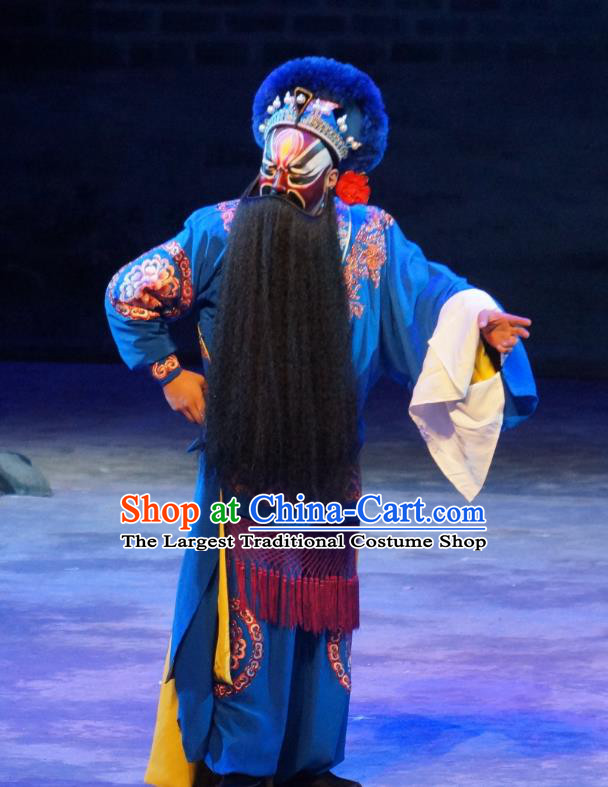 Seven Heros Five Gallants Chinese Peking Opera Martial Male Garment Costumes and Headwear Beijing Opera Swordsman Apparels Takefu Blue Clothing