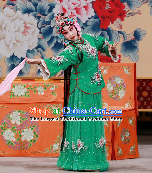 Chinese Beijing Opera Young Female Apparels Xun Guanniang Costumes and Headpieces Traditional Peking Opera Hua Tan Green Dress Actress Garment