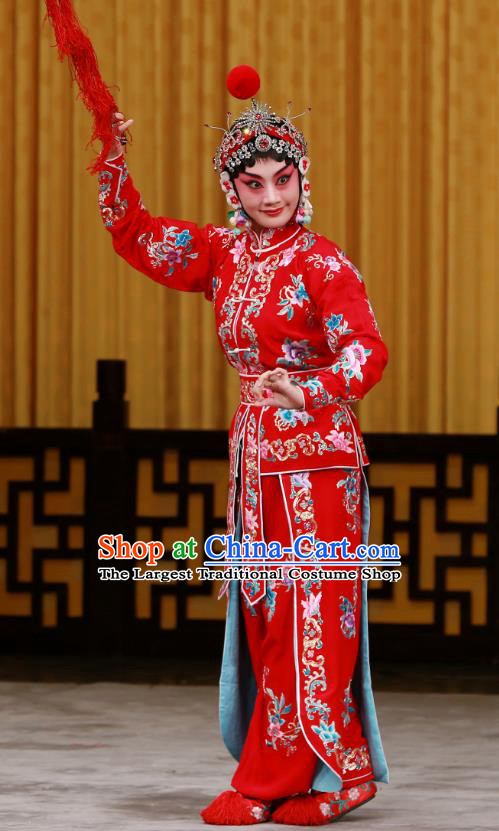 Chinese Beijing Opera Swordsplay Female Tao Sanchun Apparels Da Gua Yuan Costumes and Headpieces Traditional Peking Opera Actress Red Dress Garment