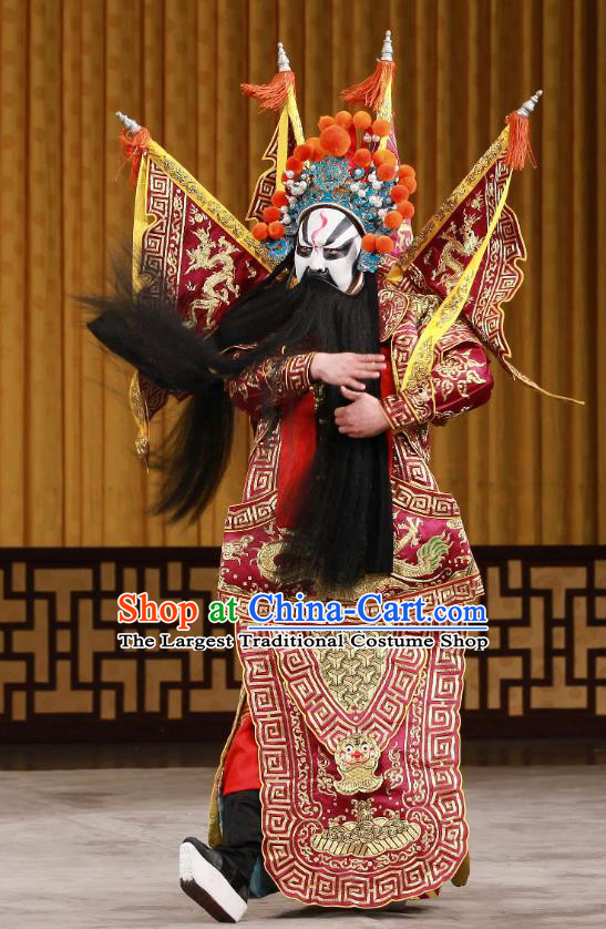 Bei Fa Zhong Yuan Chinese Peking Opera Wusheng Red Kao Garment Costumes and Headwear Beijing Opera General Apparels Armor Clothing with Flags