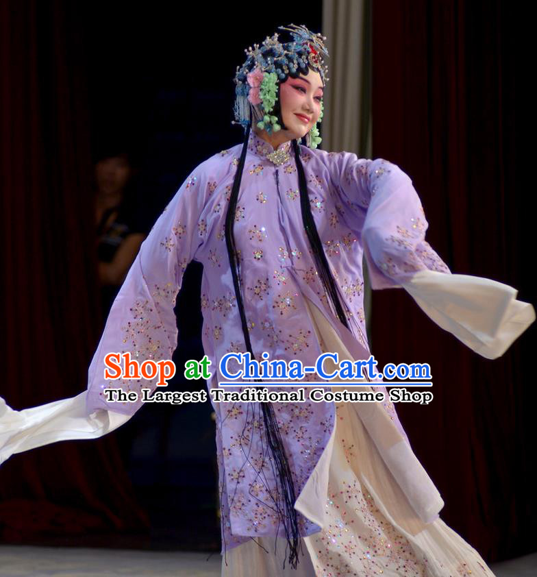 Chinese Beijing Opera Hua Tan Young Mistress Apparels Chun Gui Meng Costumes and Headpieces Traditional Peking Opera Actress Purple Dress Garment