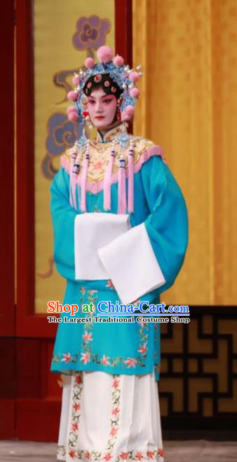 Chinese Beijing Opera Xiaodan Apparels Wei Yang Palace Costumes and Headpieces Traditional Peking Opera Court Maid Blue Dress Garment