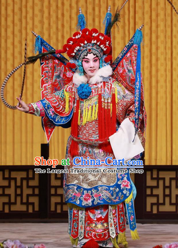 Chinese Beijing Opera Female General Armor Apparels Mu Ke Zhai Costumes and Headpieces Traditional Peking Opera Tao Ma Tan Dress Mu Guiying Kao Garment with Flags
