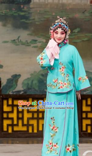 Chinese Beijing Opera Young Mistress Apparels Daming Prefecture Costumes and Headpieces Traditional Peking Opera Actress Blue Dress Garment