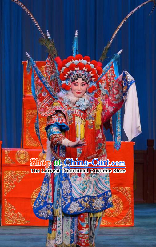 Chinese Beijing Opera Tao Ma Tan Mu Guiying Apparels Mu Ke Zhai Costumes and Headpieces Traditional Peking Opera Dress Female General Armor Garment with Flags