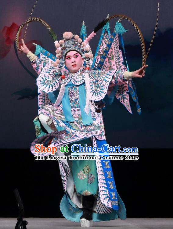 Mu Ke Zhai Chinese Peking Opera Martial Male Yang Zongbao Garment Costumes with Flags and Headwear Beijing Opera Apparels General Kao Armor Clothing