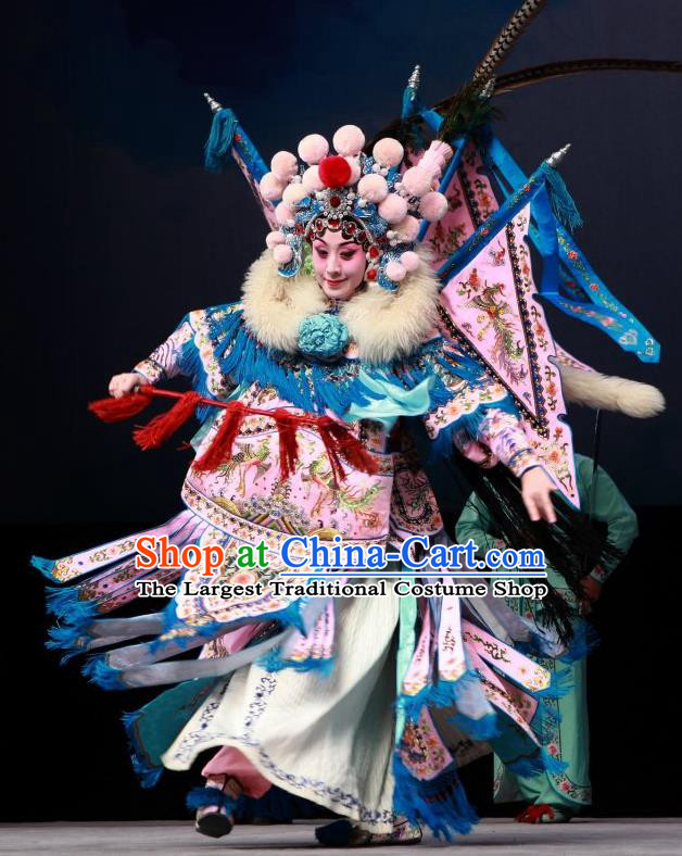 Chinese Beijing Opera Blues Armor Apparels Mu Ke Zhai Costumes and Headpieces Traditional Peking Opera Tao Ma Tan Dress Mu Guiying Kao Garment with Flags