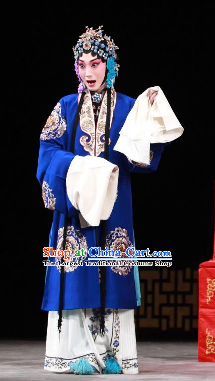 Chinese Beijing Opera Young Madam Apparels Jiang You Guan Costumes and Headpieces Traditional Peking Opera Hua Tan Blue Dress Garment