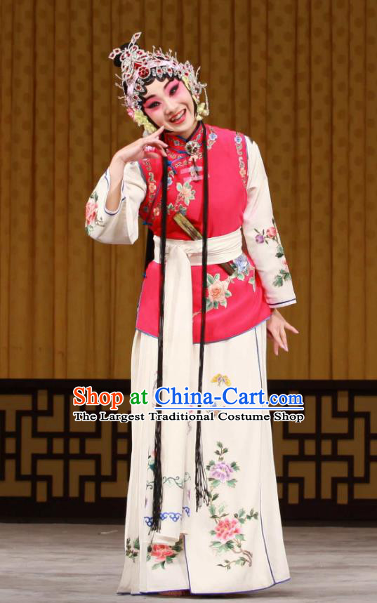 Chinese Beijing Opera Servant Girl Chun Lan Apparels Hua Tian Cuo Costumes and Headpieces Traditional Peking Opera Young Lady Dress Xiaodan Garment