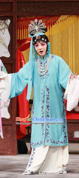 Chinese Beijing Opera Rich Lady Apparels Huo Xiaoyu Costumes and Headpieces Traditional Peking Opera Hua Tan Blue Dress Actress Diva Garment