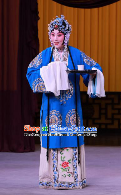 Chinese Beijing Opera Young Female Yue Mu Ci Zi Apparels Costumes and Headpieces Traditional Peking Opera Actress Blue Dress Wife Garment