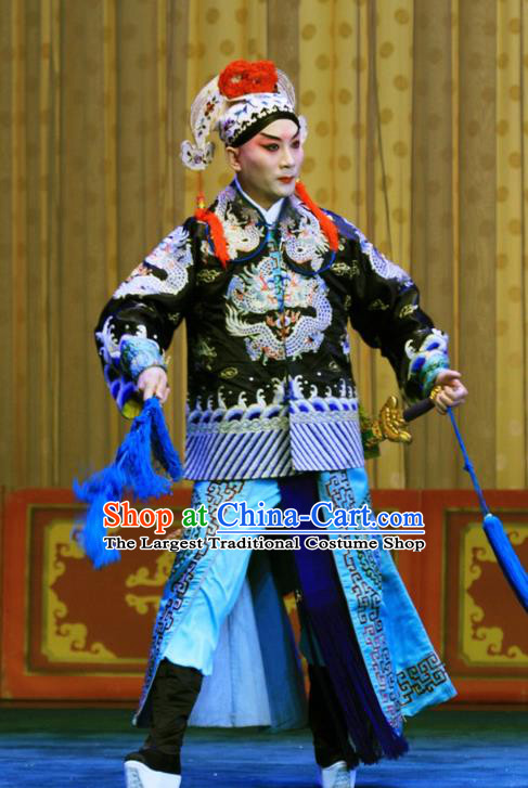 Mu Hu Guan Chinese Peking Opera Martial Male Garment Costumes and Headwear Beijing Opera Wusheng Apparels Soldier Zhang Bao Clothing