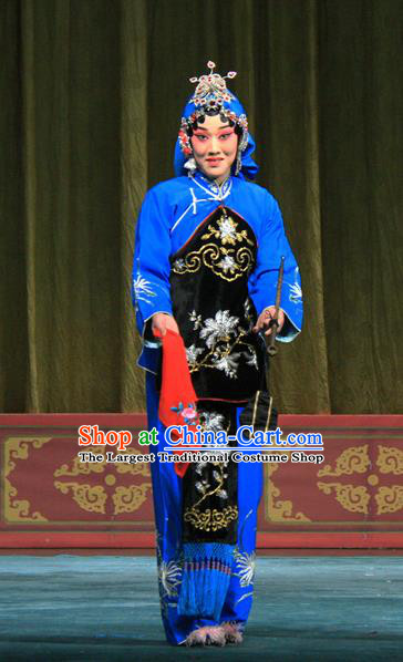 Chinese Beijing Opera Female Apparels Ju Da Gang Costumes and Headdress Traditional Peking Opera Country Woman Blue Dress Garment