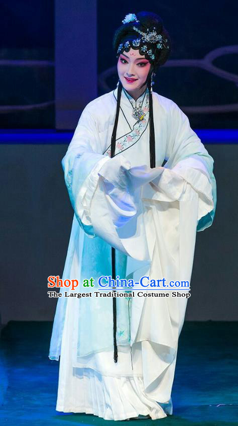 Chinese Beijing Opera Diva Nie Xiaoqian Apparels Lan Ruo Wu Geng Costumes and Headdress Traditional Peking Opera Hua Tan Dress Actress Garment