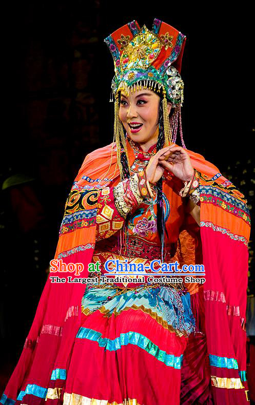 Chinese Beijing Opera Hua Tan Garment Lu Shui Yi Shan Costumes and Hair Accessories Traditional Peking Opera Actress Dress Queen Zhu Rong Apparels