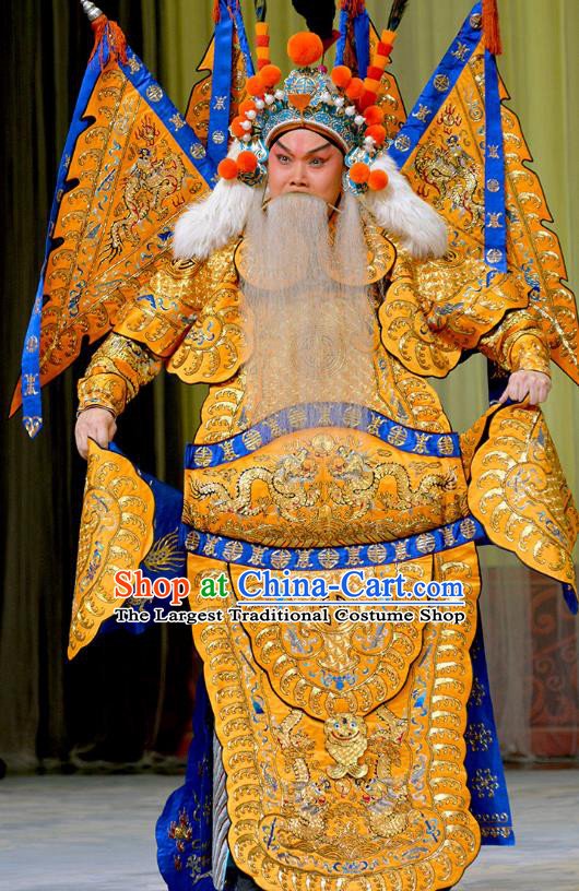 Zhu Lian Zhai Chinese Peking Opera Laosheng Apparels Costumes and Headpieces Beijing Opera Elderly Male Garment General Li Keyong Kao Clothing with Flags