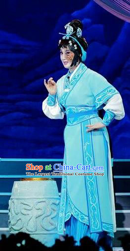 Chinese Beijing Opera Country Woman Apparels Qi Nv Wu Rong Costumes and Headdress Traditional Peking Opera Female Swordsman Blue Dress Garment